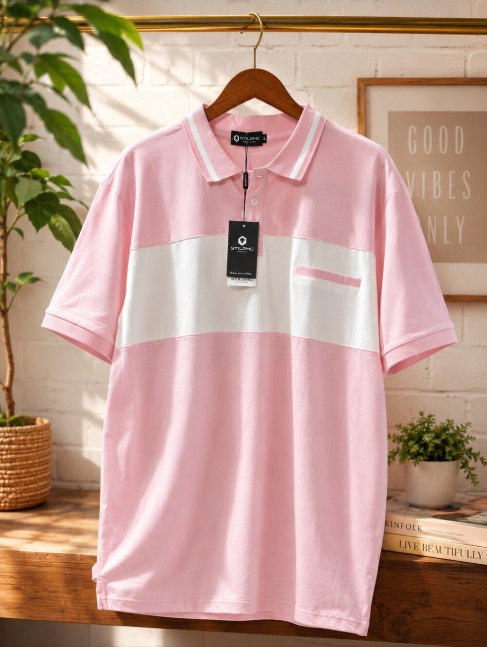 Sttlzmc Pink and White Block Polo for Men